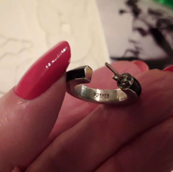 VTG.925 STERLING ONYX SLIDE & ONYX HOOP EARRINGS - Picture 5 of 8